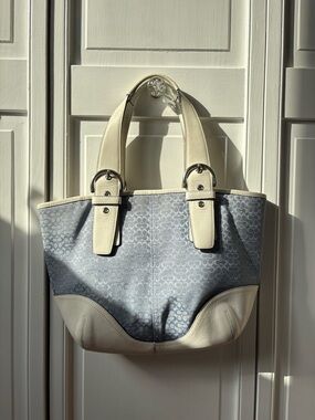 Coach Light Blue Signature Canvas Tote with Cream Leather Trim